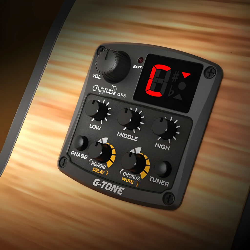 Cherub GT-6 black acoustic guitar soundhole pickup unit with control knobs for EQ and effects.