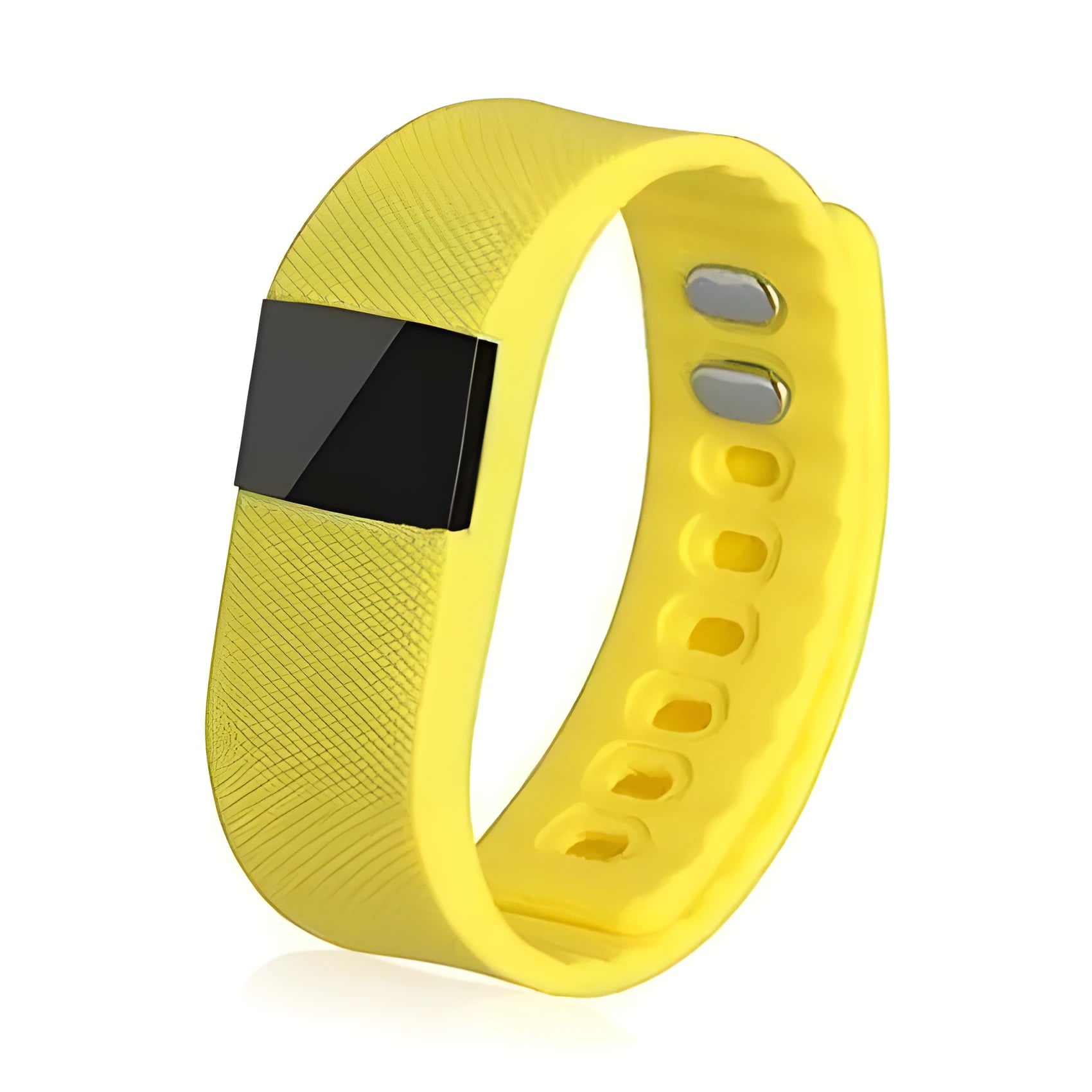 Ordinary plastic and ABS bracelet pedometer on wrist, showing black, blue, green, orange, and yellow colour options.