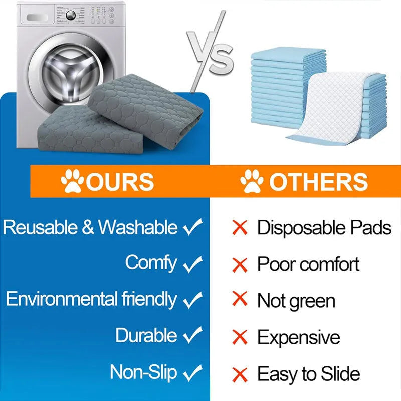 Grey and tan washable dog pee pads showing waterproof backing and size options