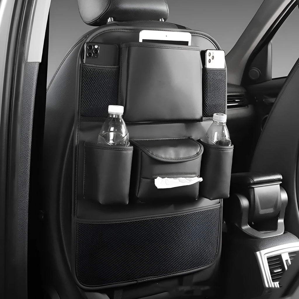 Genuine leather car seat back storage bag in suspended design with colour options