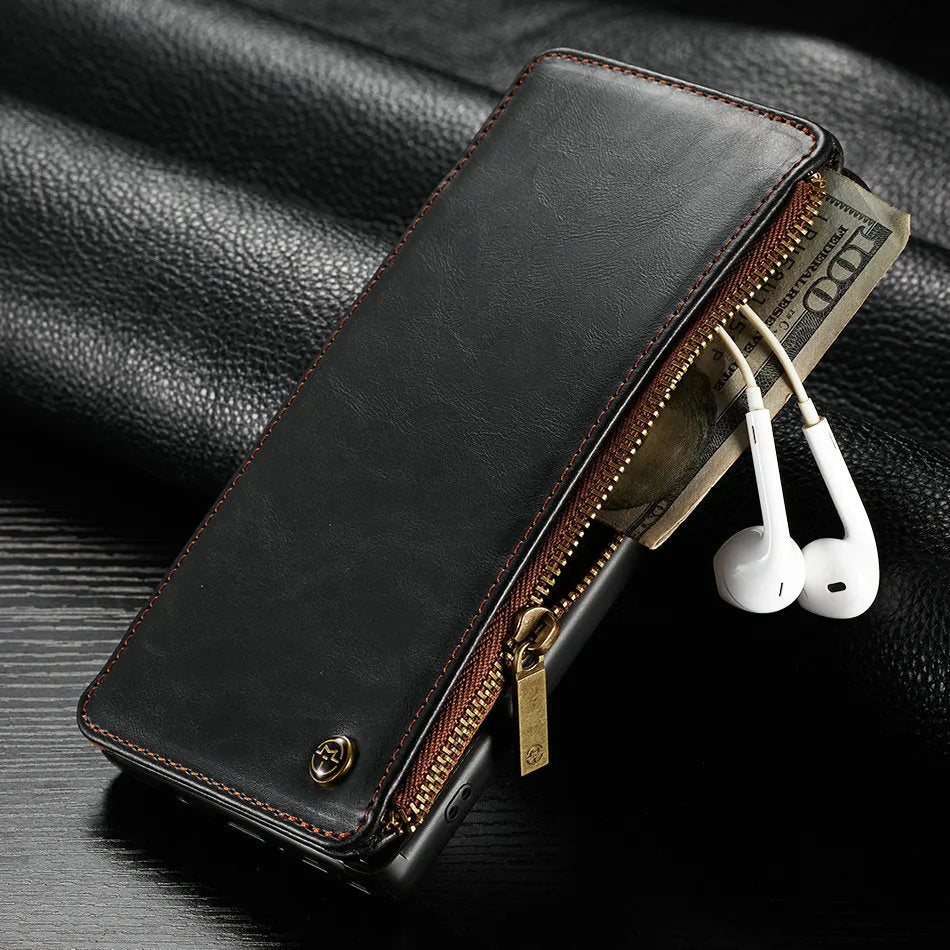 Black PU leather flip phone case open to show Samsung Note9, demonstrating front and back protection.