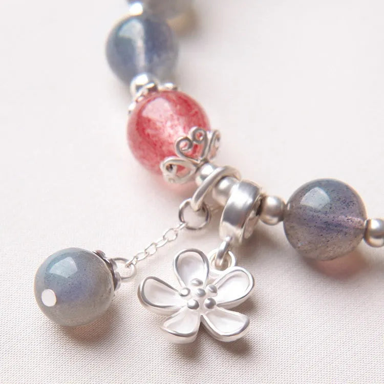 Women's 925 sterling silver zodiac bracelet with grey moonstone beads and honeysuckle charm