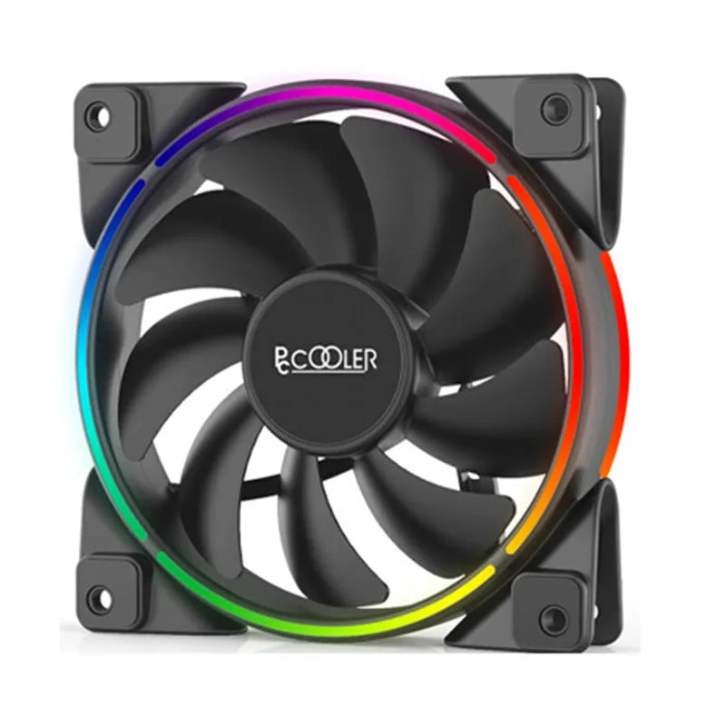 Three black 120mm RGB PC cooling fans with illuminated blades on dark background