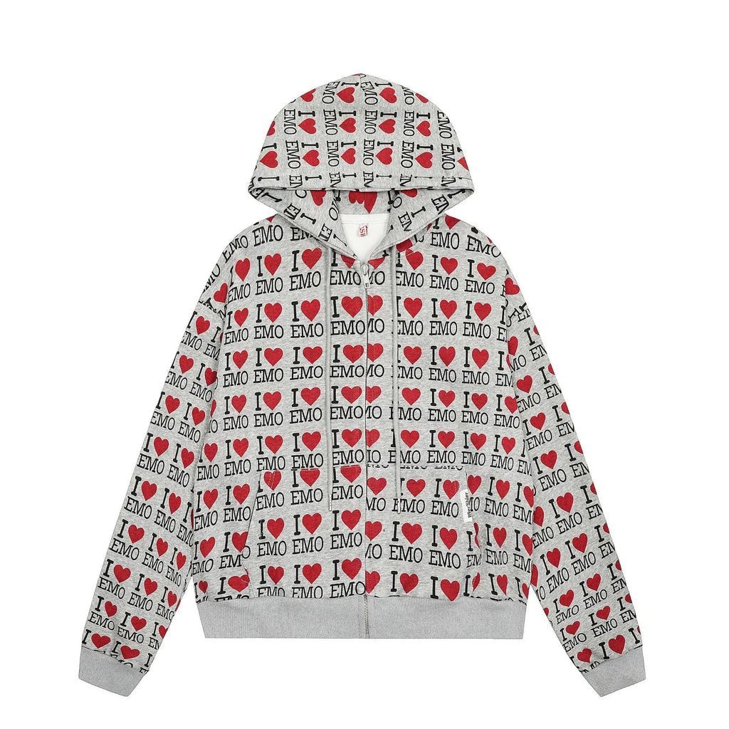 Women's melange grey cotton hooded cardigan with retro autumn pattern showing long sleeves and street fashion styling