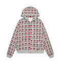 Women's melange grey cotton hooded cardigan with retro autumn pattern showing long sleeves and street fashion styling