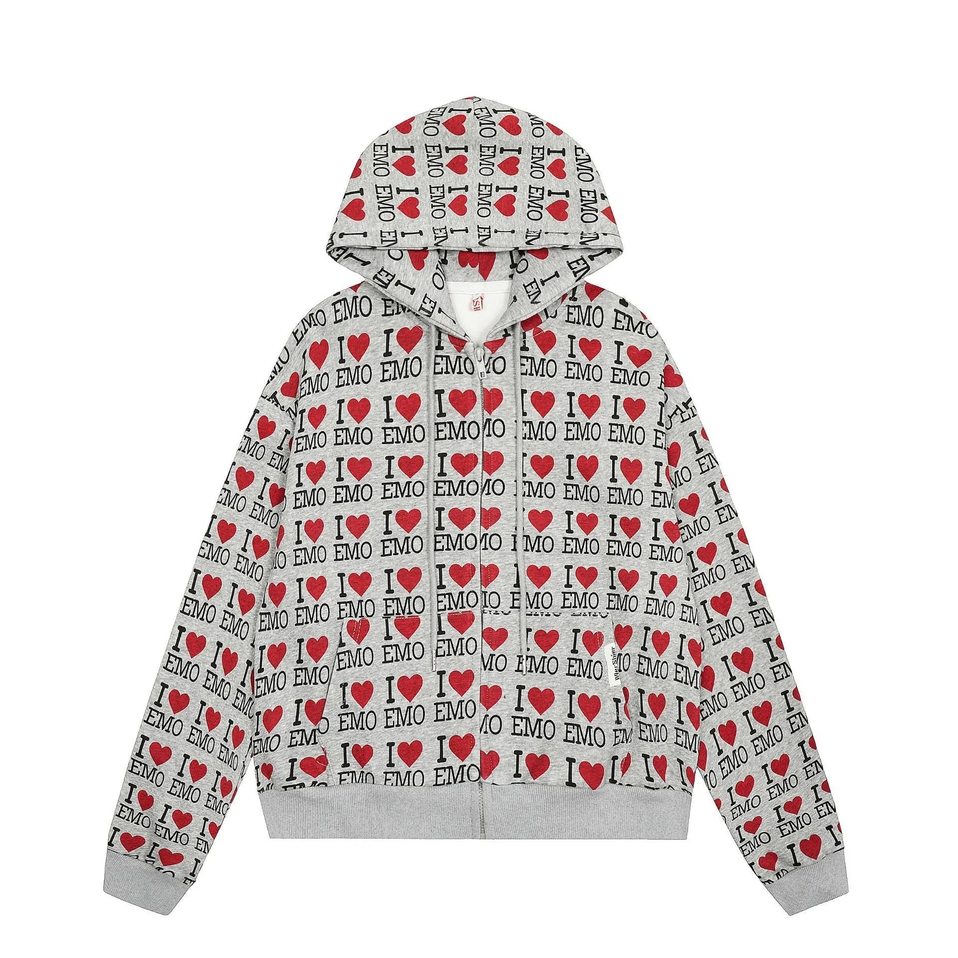 Women's melange grey cotton hooded cardigan with retro autumn pattern showing long sleeves and street fashion styling