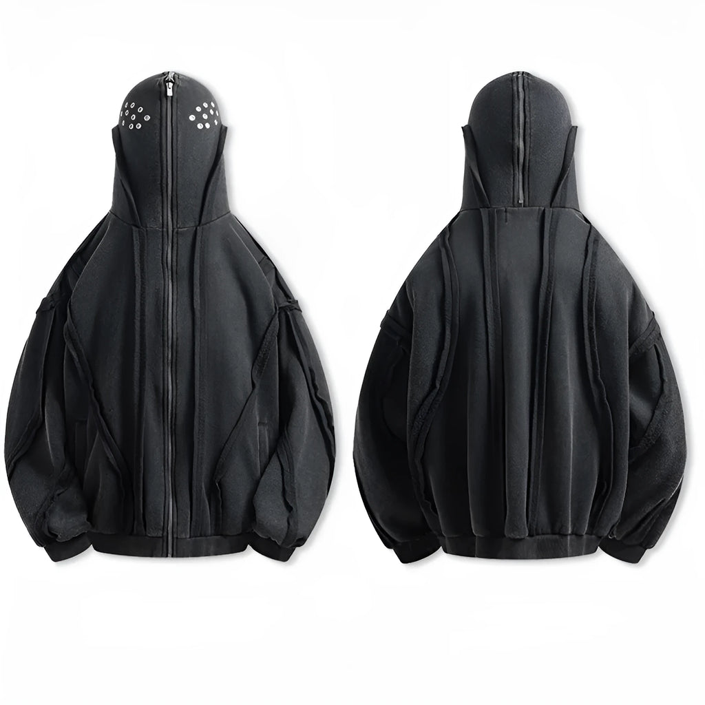 Black loose fit retro men's coat with a zip front, hood, and abstract pattern.