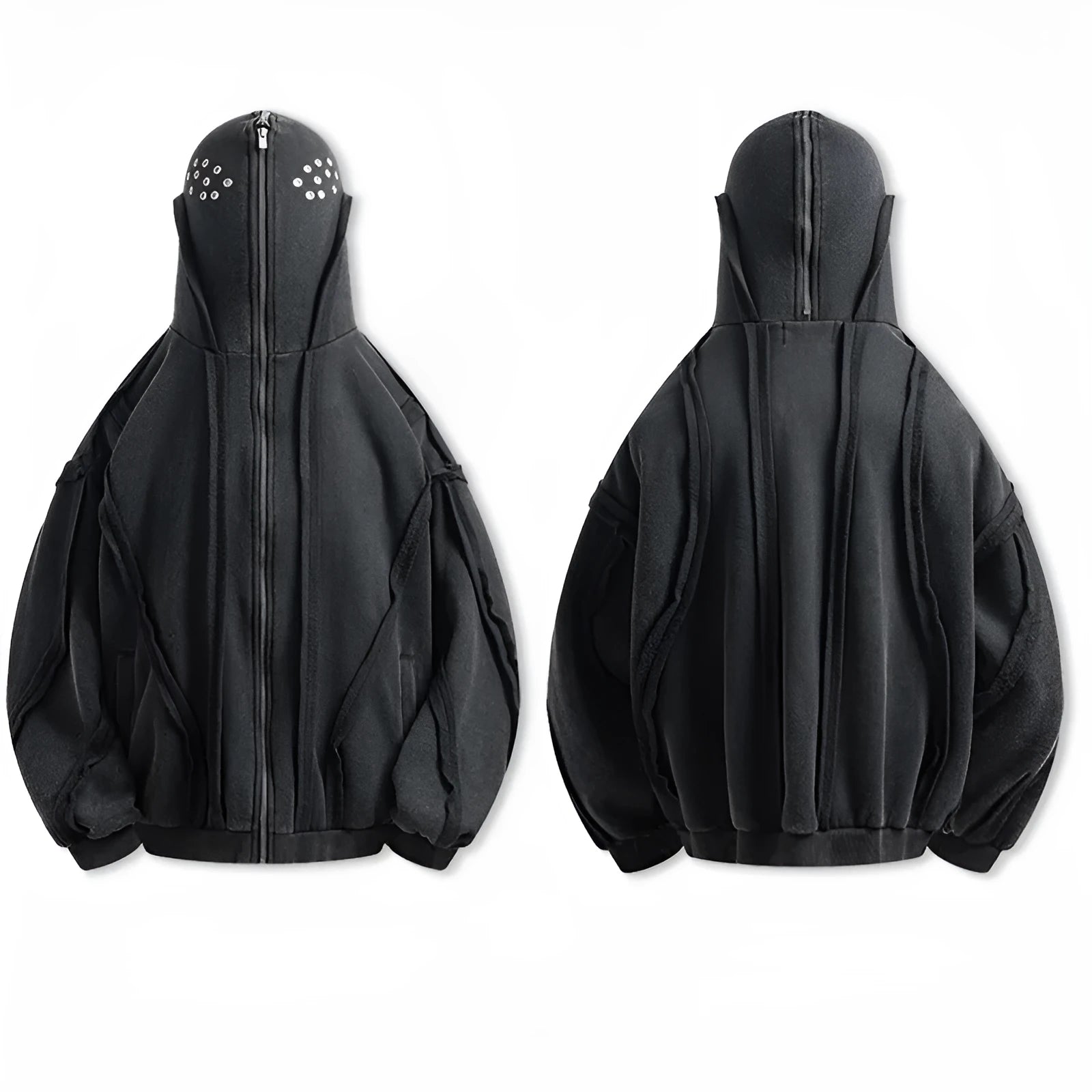 Black loose fit retro men's coat with a zip front, hood, and abstract pattern.