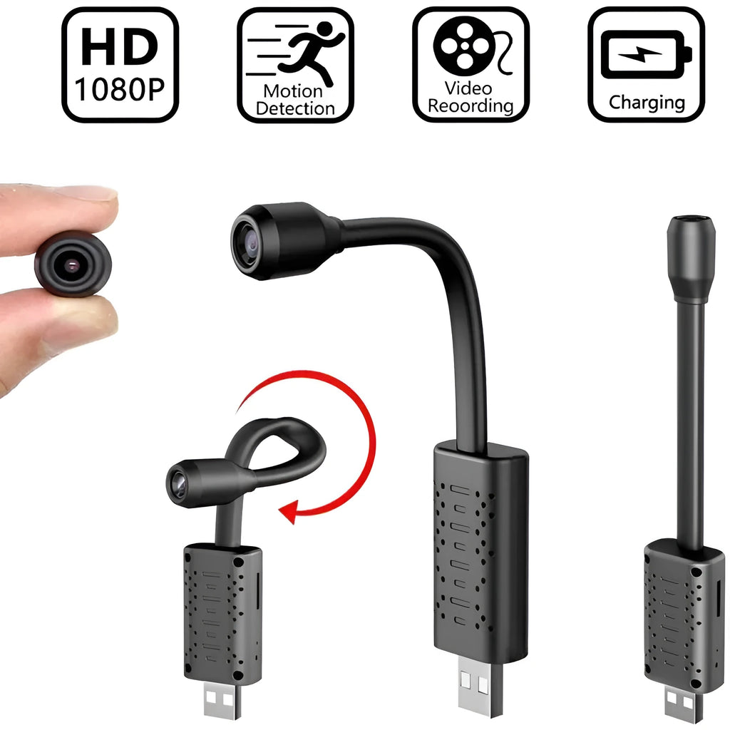Black V380 wireless USB HD security camera on a white background