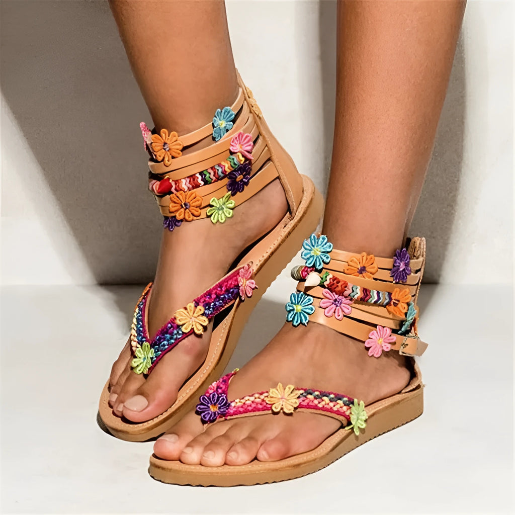 Ethnic style beaded petal sandals with Roman shoe design and artificial PU upper in suede colour