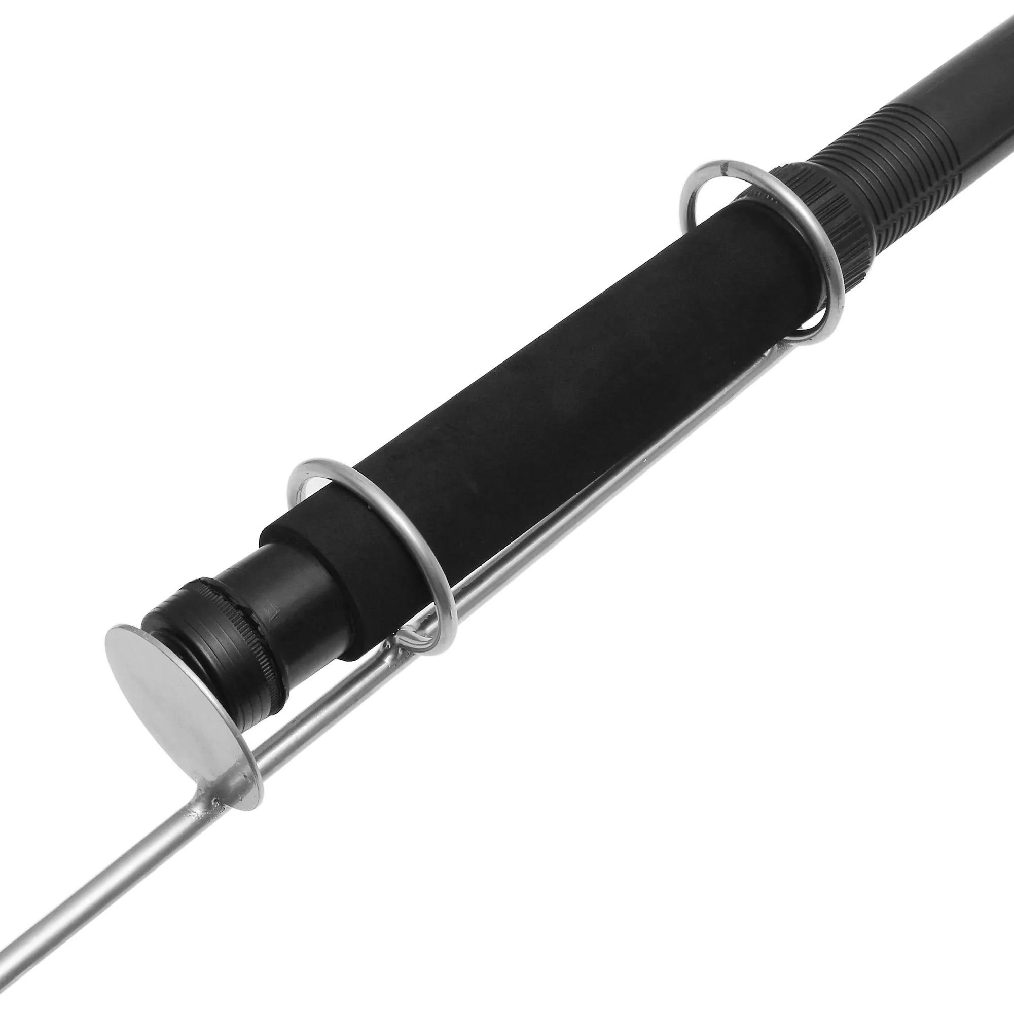 White LED fishing rod light unit mounted on top of an extended telescopic pole, with an RF remote control beside it.