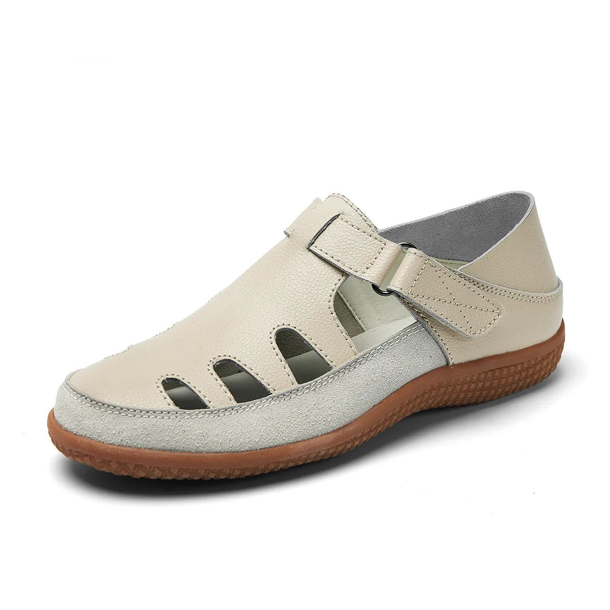Plus size women's flat sandals in blue with a hollow toe cap and thick rubber sole.
