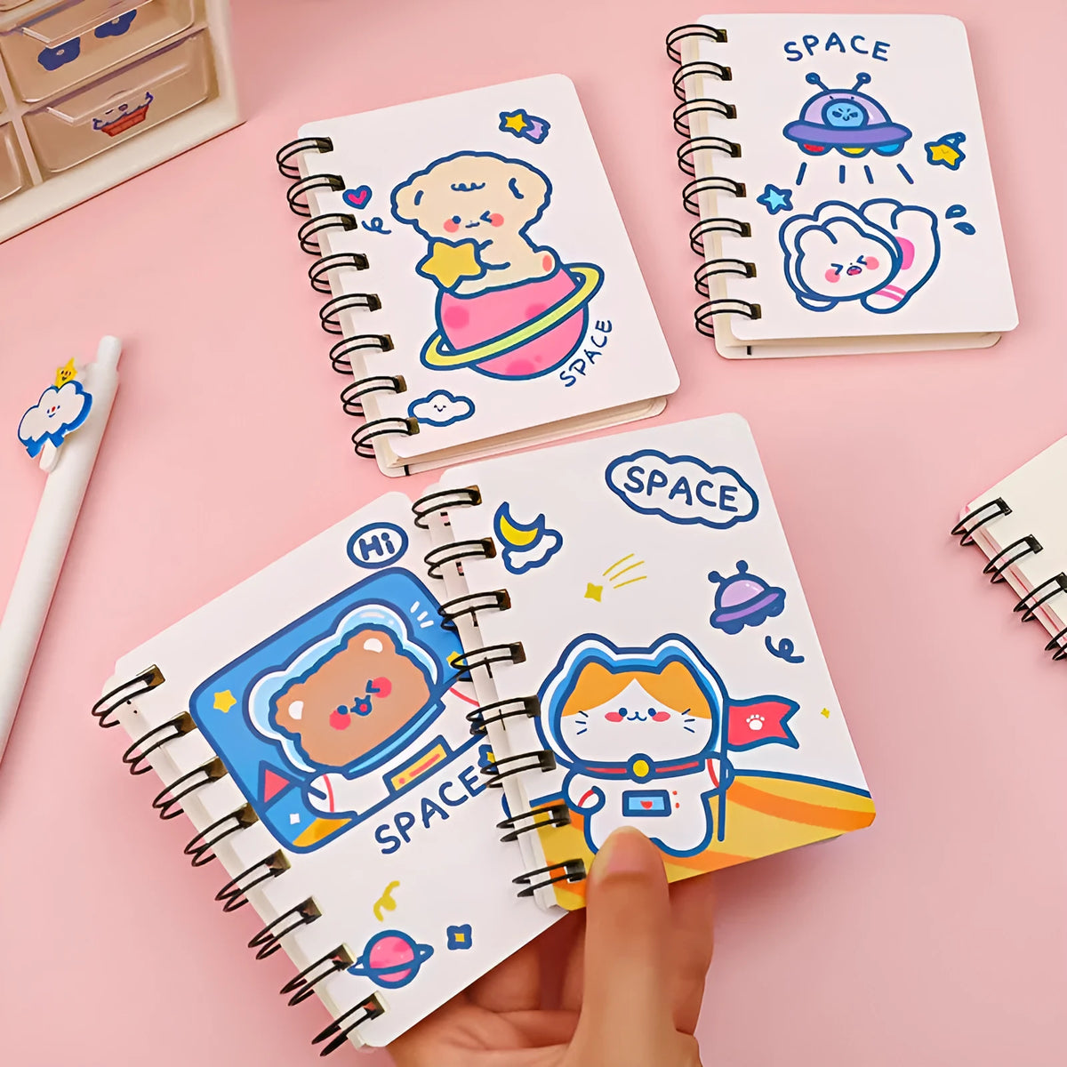 Astronaut series flipped pocket notebook showing 10.5cm x 8cm size and space-themed cover options.