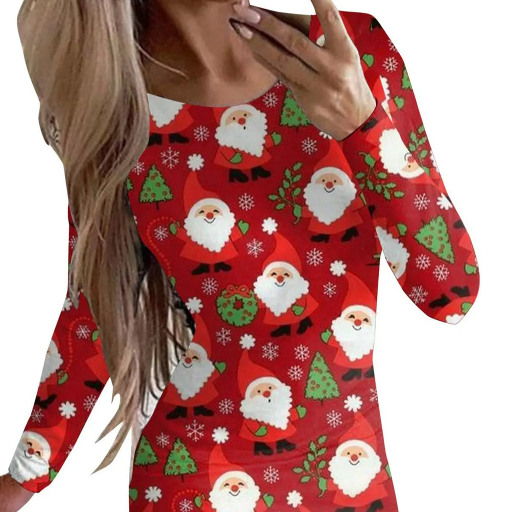 Women's tight-fitting Christmas long sleeve dress with floral animal print, round neck, and short hip skirt.
