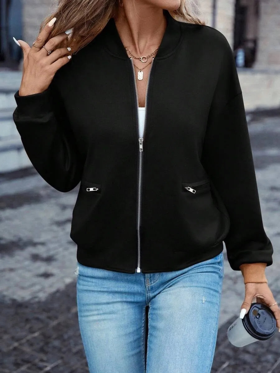 Black women's casual zip jacket with faux pockets and long sleeves