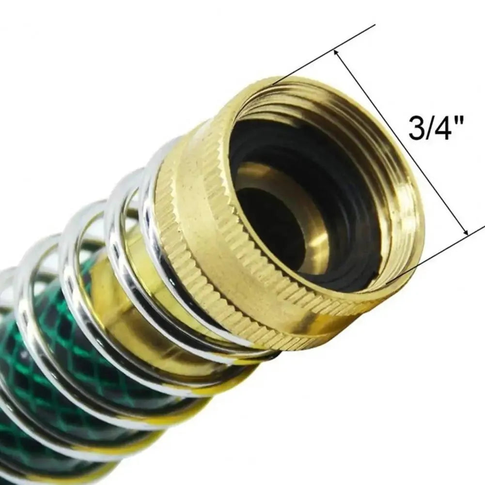 Brass garden hose connector with spiral spring anti-kink design, showing 3/4 inch threaded ends.