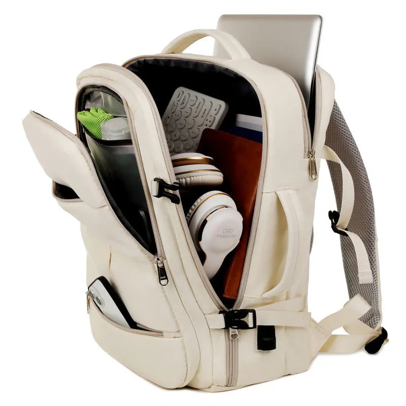 Waterproof Oxford cloth backpack in five colours showing multiple pockets and laptop compartment