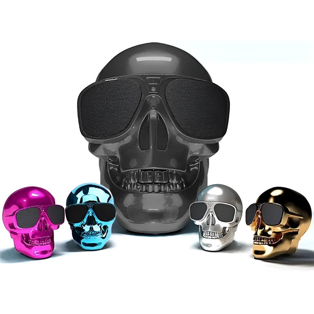 Skull-shaped wireless Bluetooth speaker in black with portable compact design