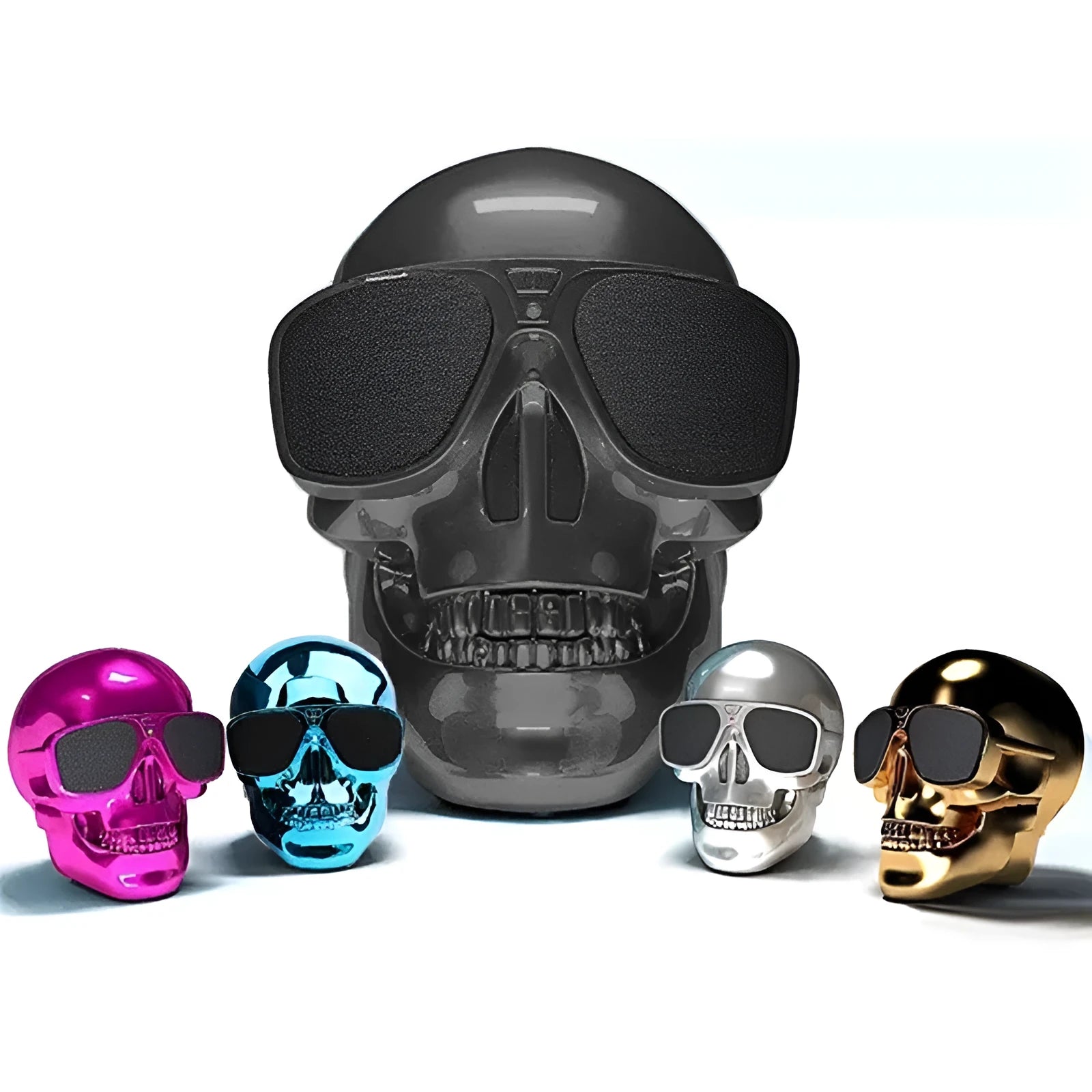 Skull-shaped wireless Bluetooth speaker in black with portable compact design