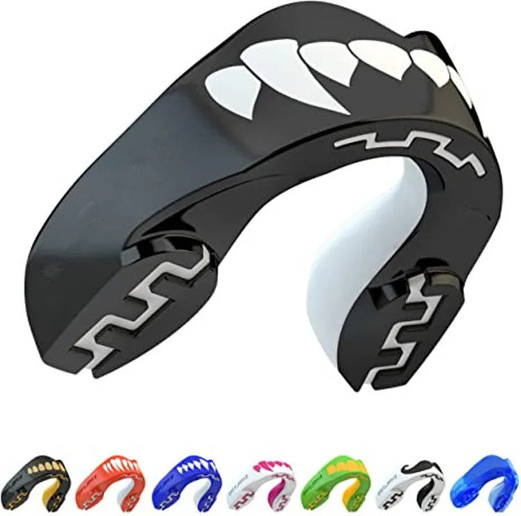 Adult boxing mouthguard with printed teeth pattern in black, red or blue designs for Sanda and Taekwondo