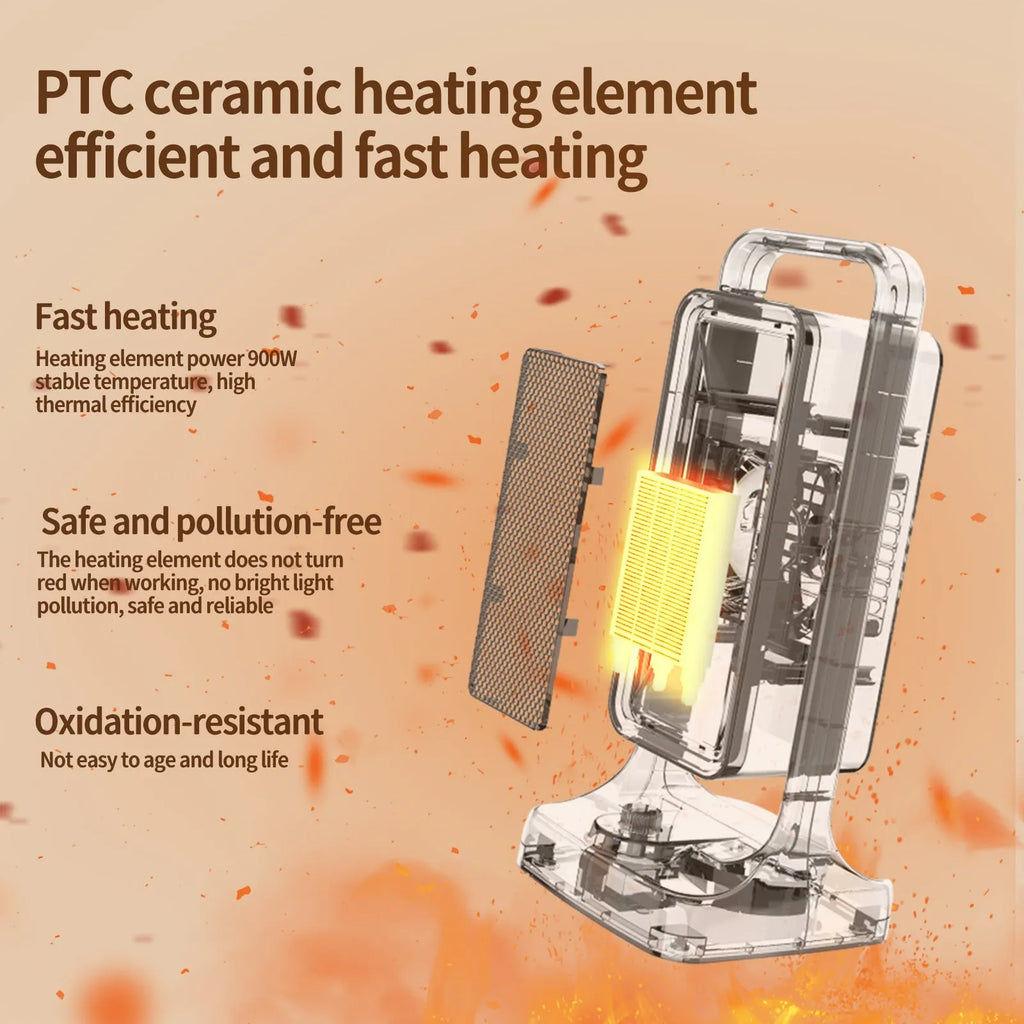 Black desktop PTC ceramic heater with knob control, measuring 14.9x11.1x33.5 cm