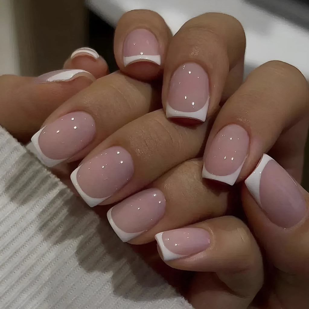 White false nails with plaid pattern, 24 pieces per box.
