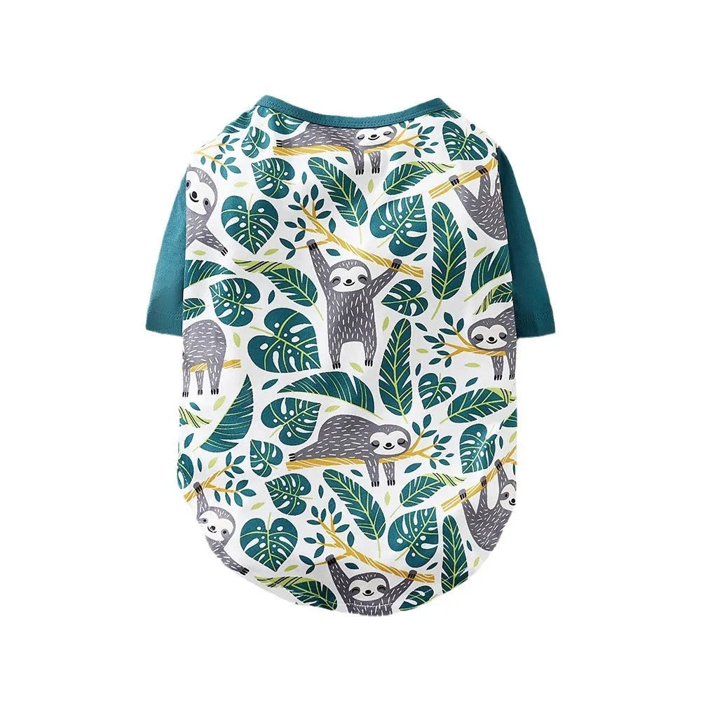 Full printed polyester dog t-shirt for small breeds with sizing chart showing measurements for S to XXL sizes