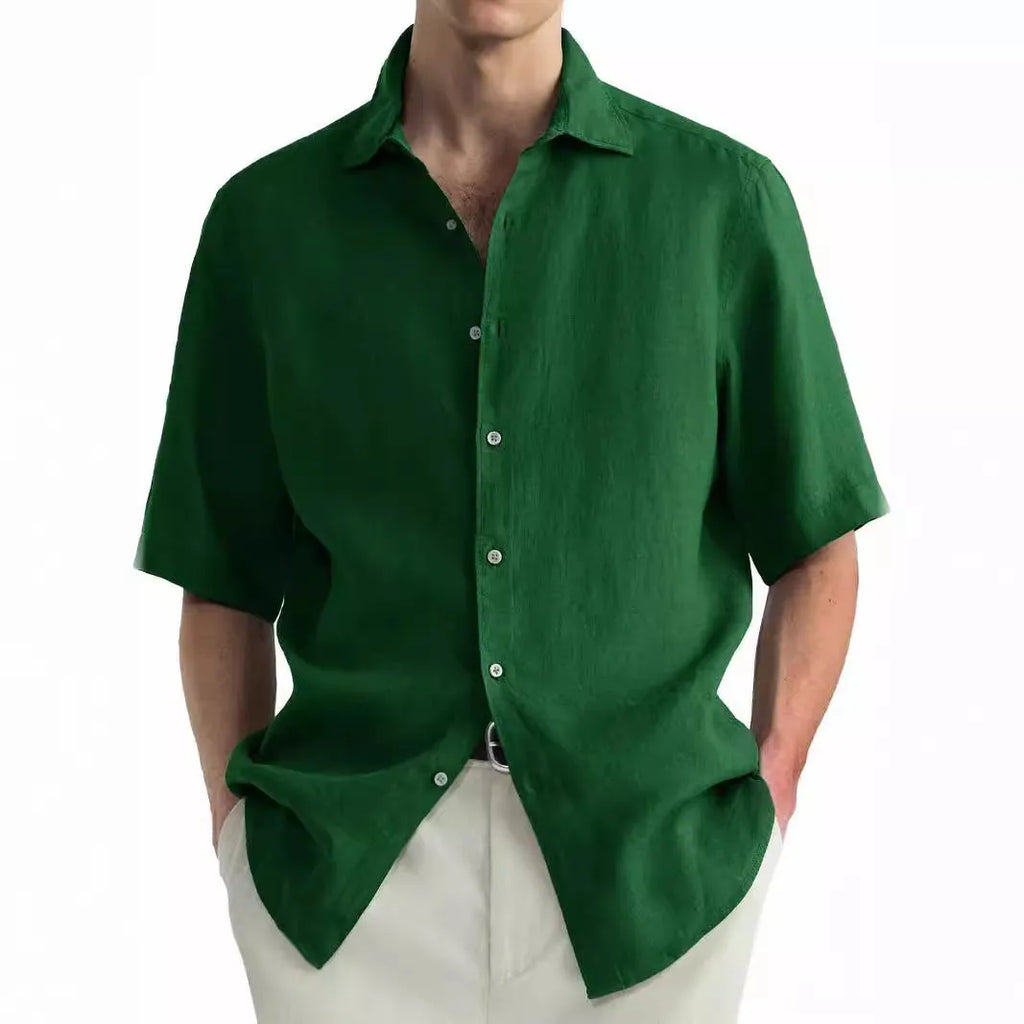 Man wearing a green washed cotton casual shirt with a cardigan style and regular fit