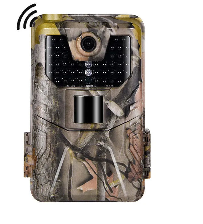 Outdoor Bluetooth hunting trail camera with camouflage finish and infrared LEDs for night vision.