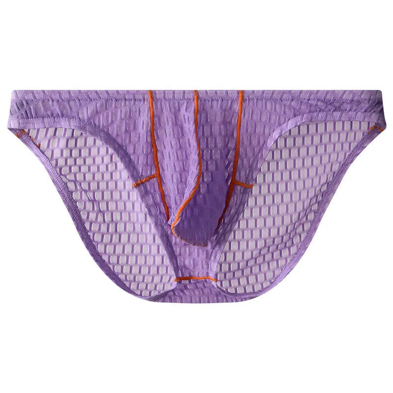 Men's ice silk lace low waist briefs on a white background, shown in multiple colour options.