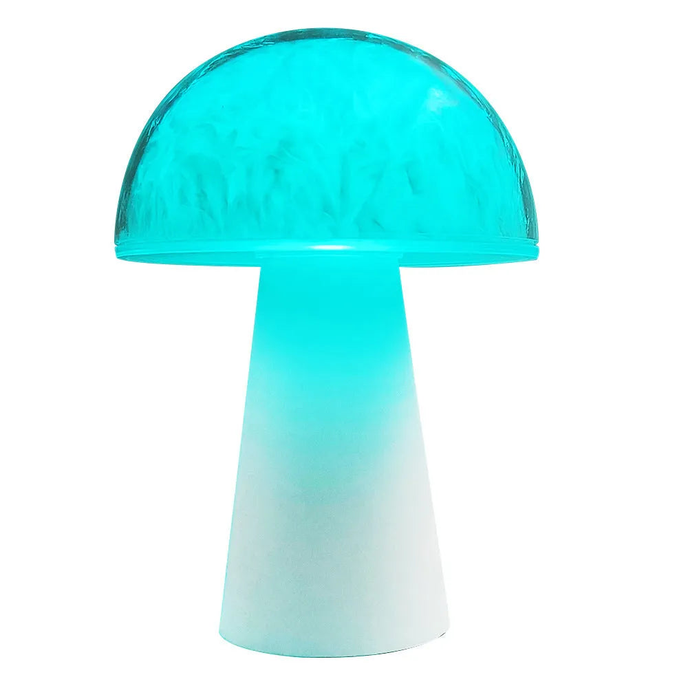 Mushroom-shaped RGB colour-changing night light with remote control on wooden surface