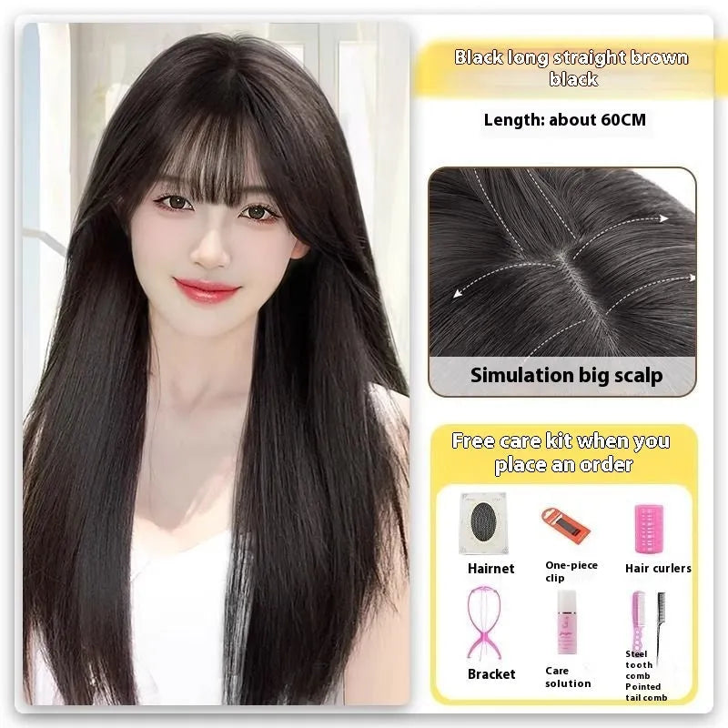 Forehead lace long straight full-head wig with side bangs in high temperature fibre material