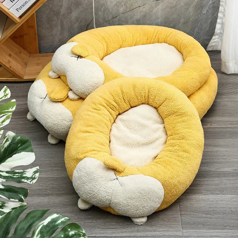 Corgi-shaped plush pet bed for dogs and cats in three sizes with soft filling