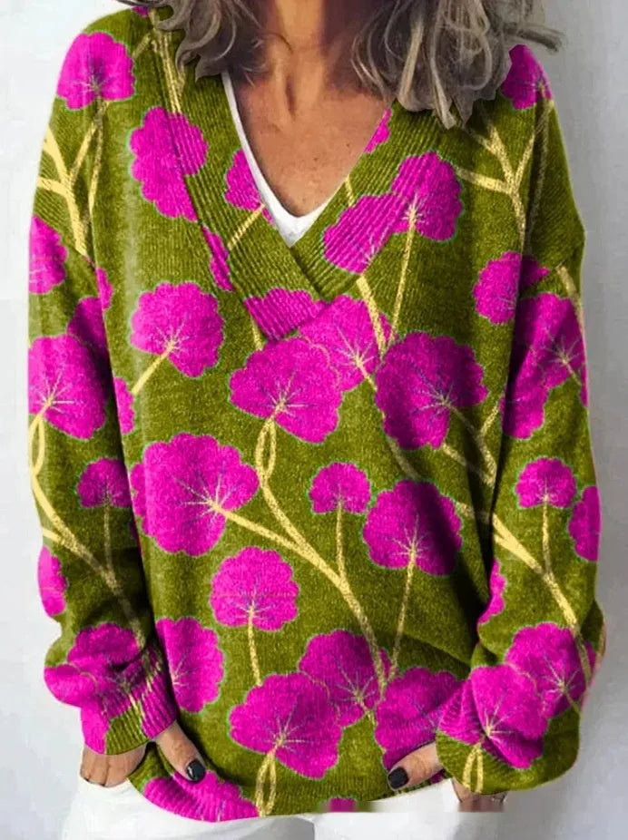 Women's V-neck sweatshirt with 3D floral pattern in art retro style
