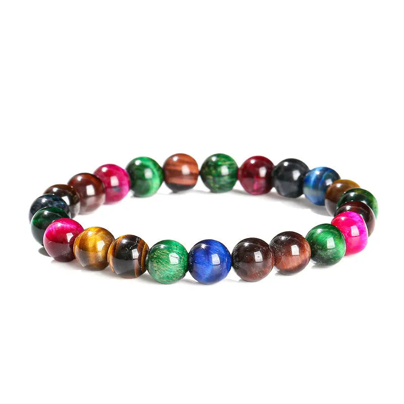 Colourful tiger-eye gemstone bead bracelet in round beads on a string.