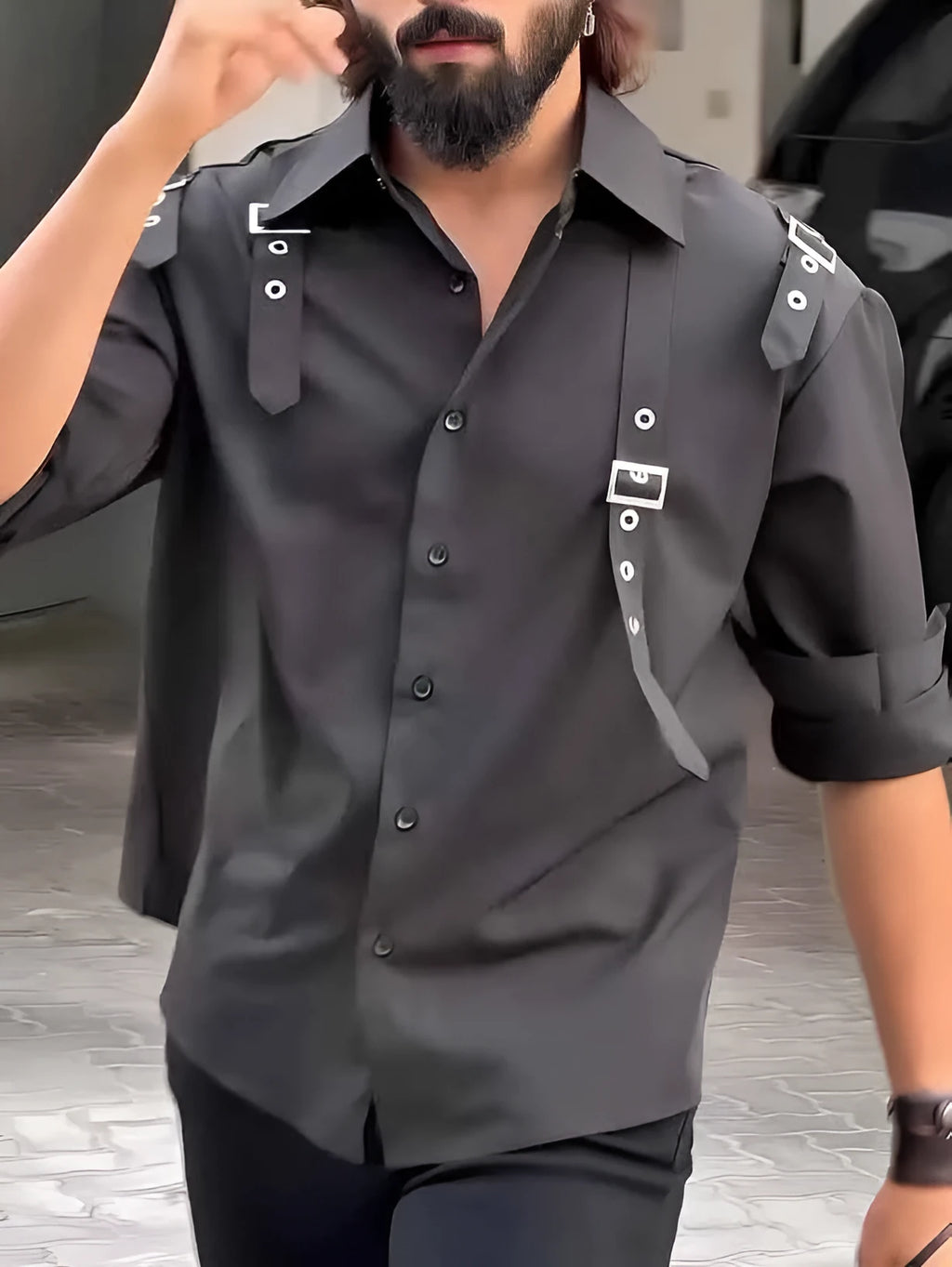 Men's black polyester button-up shirt with regular fit and utility styling