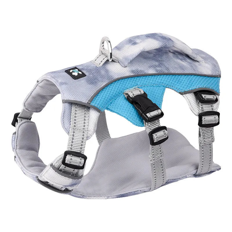 Reflective light blue pet cooling chest strap shown on a dog model