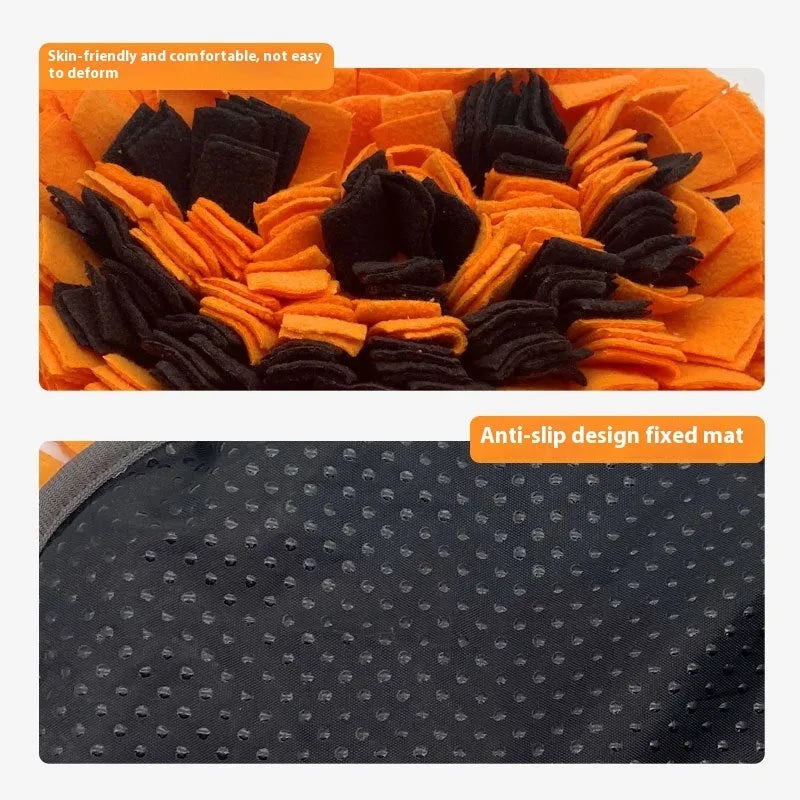 Orange pumpkin-shaped pet smell mat with textured pockets for dog training and slow feeding.