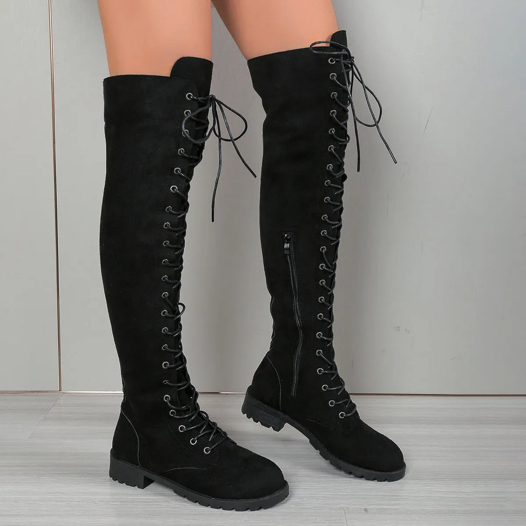 Women's black lace-up over-the-knee boots with round toe and flat rubber sole
