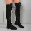 Women's black lace-up over-the-knee boots with round toe and flat rubber sole