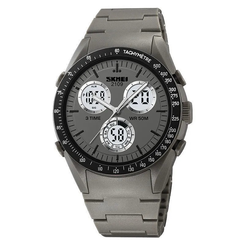 Unisex digital casual watch with camouflage strap and electronic display showing 50m water resistance.