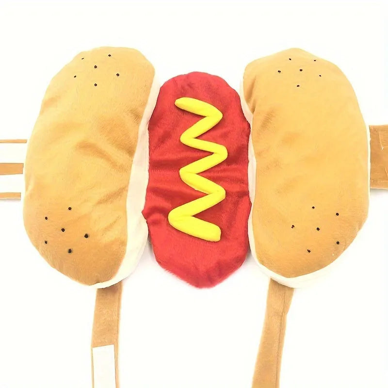 A dog wearing a stuffed polycotton hot dog costume suit for parties.
