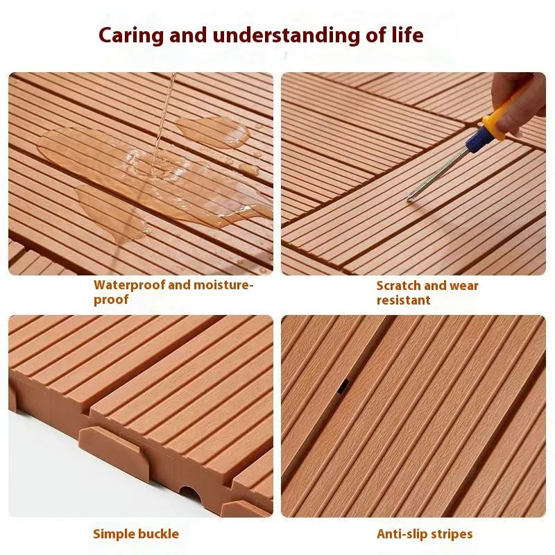 Ten square plastic floor tiles with wood grain finish shown interlocked on a floor.