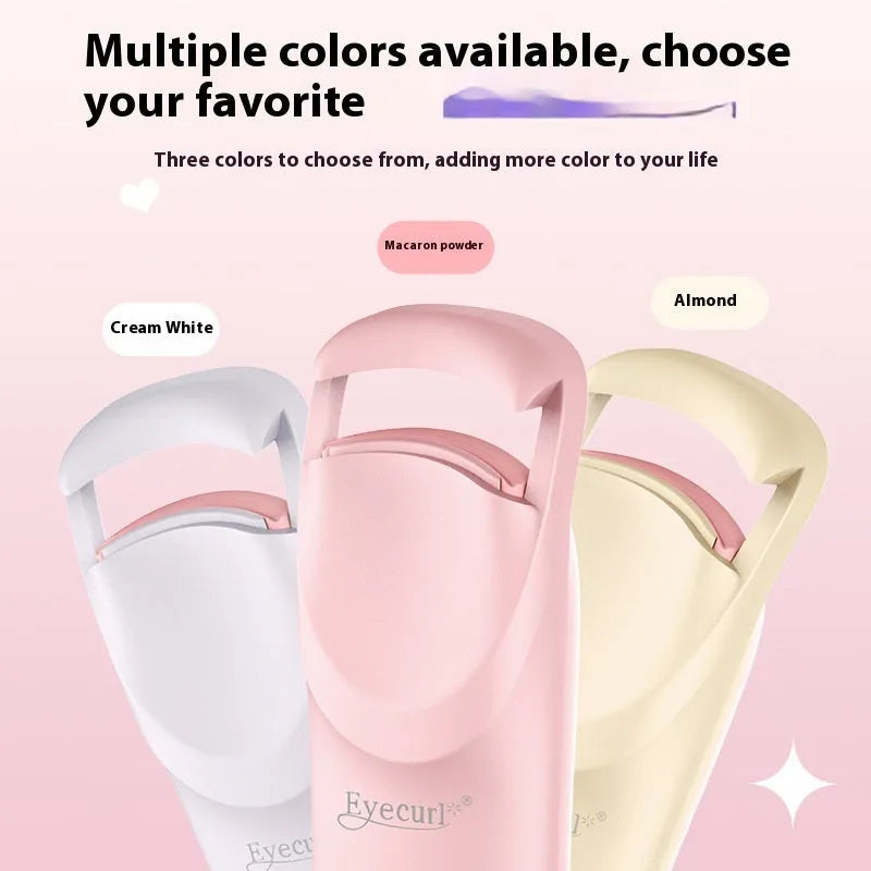 Electric heating eyelash curler in plastic, available in multiple colours with charging cable.