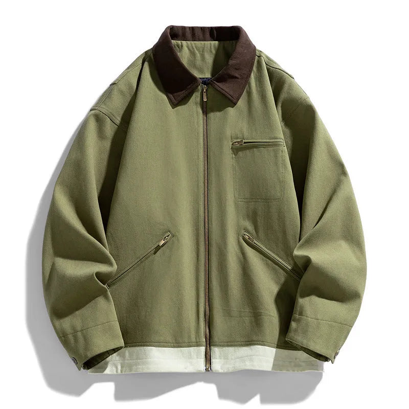 Men's Korean style loose fit jacket with contrast lapels in polyester fabric