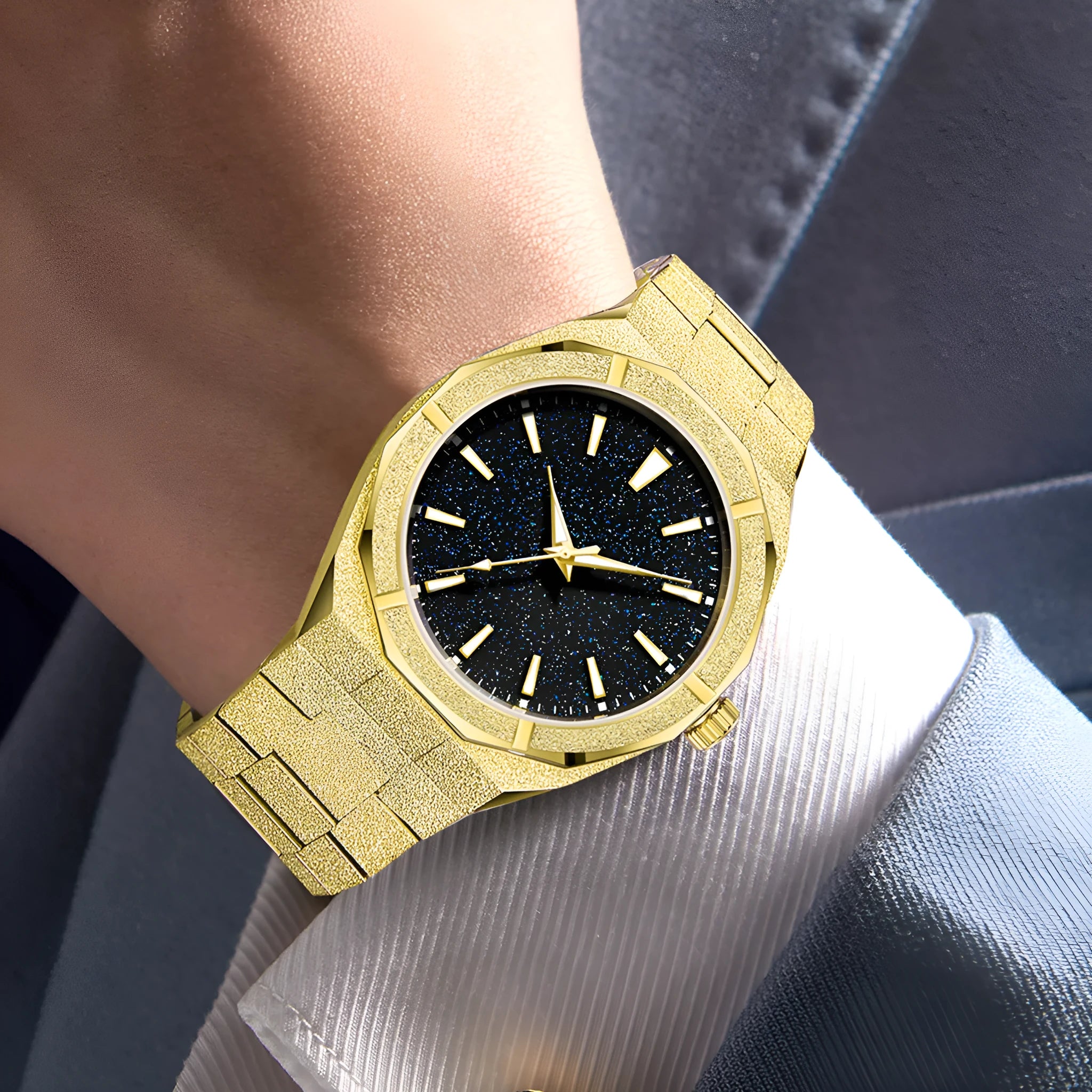 Men's stainless steel business watch with frosted case and luminous markers in black, gold, and silver colour options.