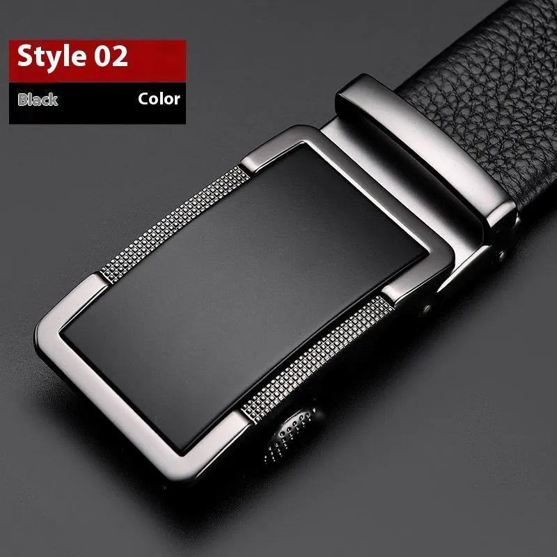 Men's leather belt with an automatic alloy buckle in a gun black electroplated finish.