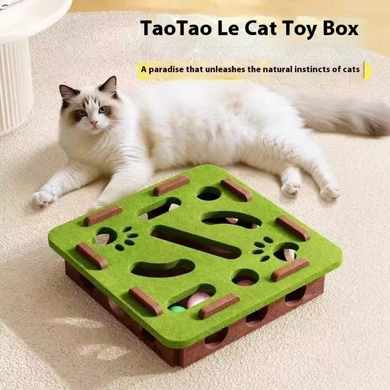 Green brown felt cat toy box with artifact hole, dimensions 30cm by 30cm.
