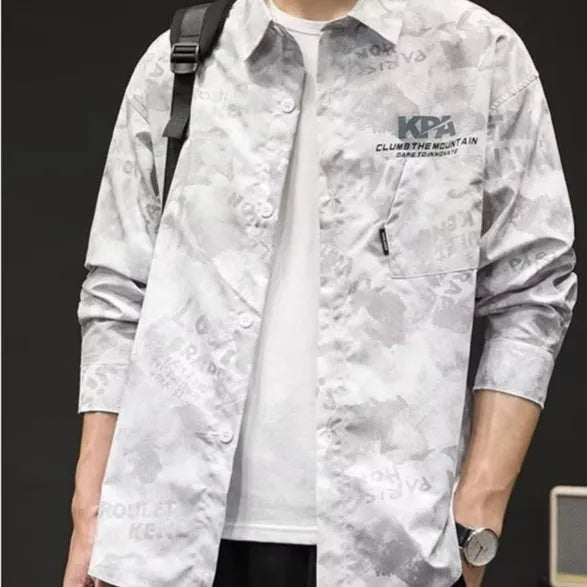 Men's Japanese-style retro camouflage long sleeve linen shirt in army green or white, sizes M to XXXL