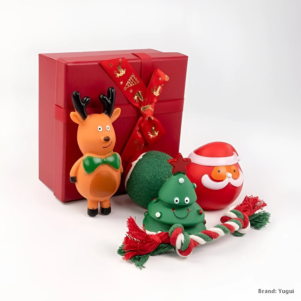 Christmas vinyl dog chew toys gift sets with festive designs including trees, Santa heads, and bite ropes